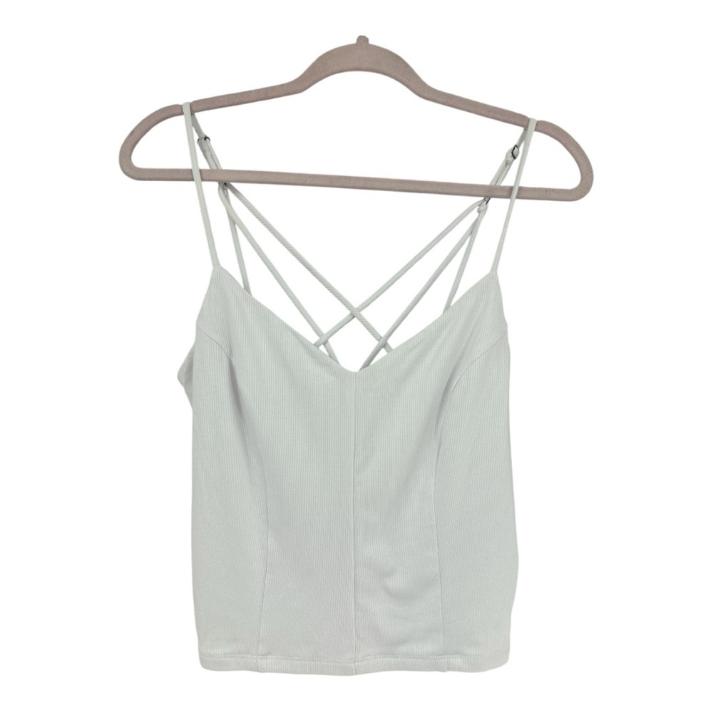 🏷️ LOLA GRACE Ribbed V-Neck Strappy Back Spaghetti Strap Crop Tank Top LARGE Wht